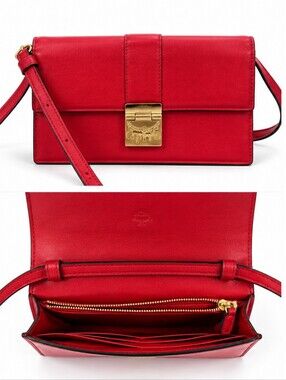 MCM Red Leather Crossbody with Gold-Tone Lock
